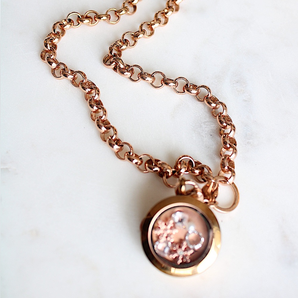 Origami owl living locker in rose gold with box chain and charms